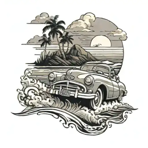 A Vintage Car Driving Along A Coastal Road With Waves Crashing In The Background