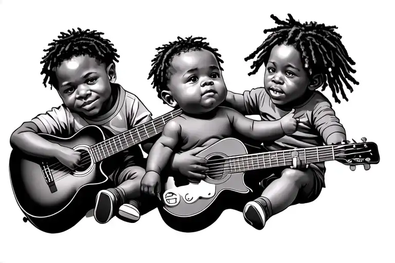 Teen Boy With Dreads And Guitar And Baby Boy With Guitar