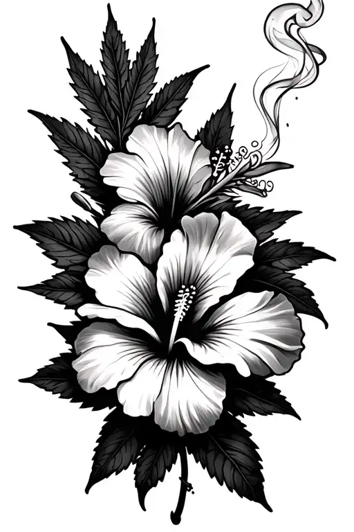 A Sleeve Tattoo With Smoking Hibiscus Flower With Weed Leaf
