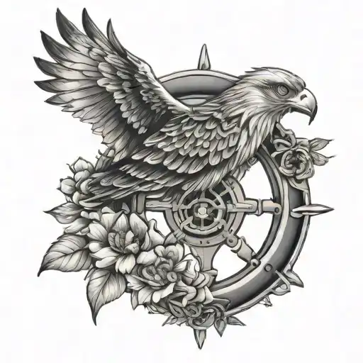 Hawk With A Ship Wheel With Flowers Around It