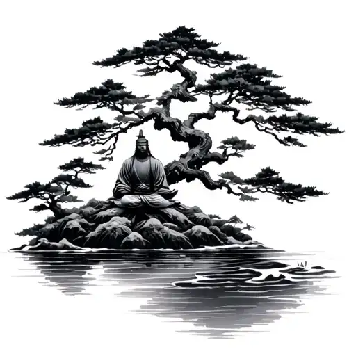 Japanese Bonsai Tree With Samurai Meditating Figure Flowing River