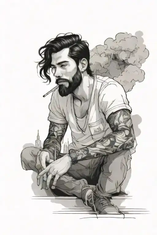 Young Man With Black Hair And Beard Smokes Sitting On A Low Wall Against A City Background