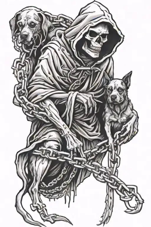 Grim Reaper Holding Mean Dogs In Chains