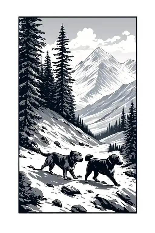 2 Dog Tatto Walking In The Mountain Range