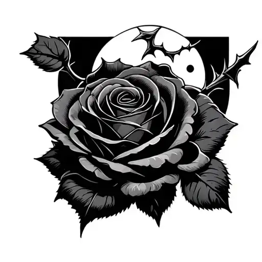 A Black Rose With Thorn And A Moon In The Background