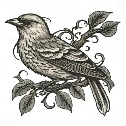 Thrush Bird Over The Letter R Made Of Intertwined Branches