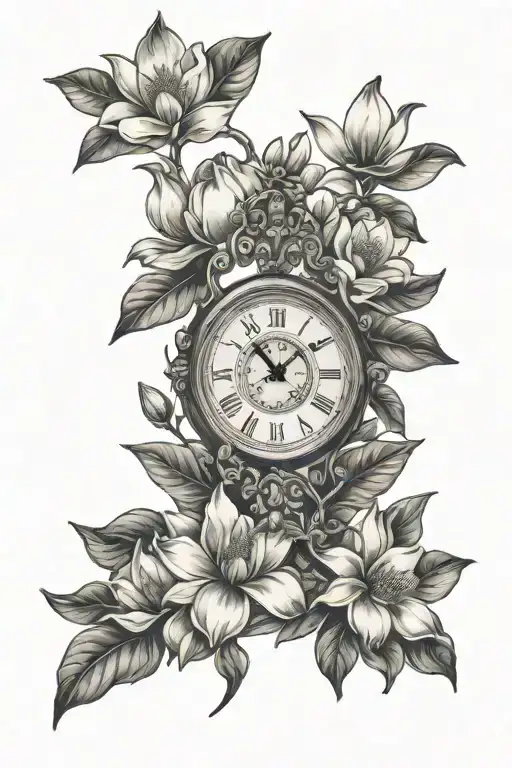 Clock Surrounded Magnolia Flowers