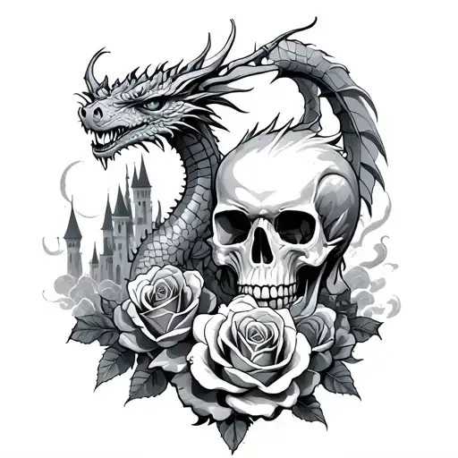 Skull Roses Dragon Castle Clouds