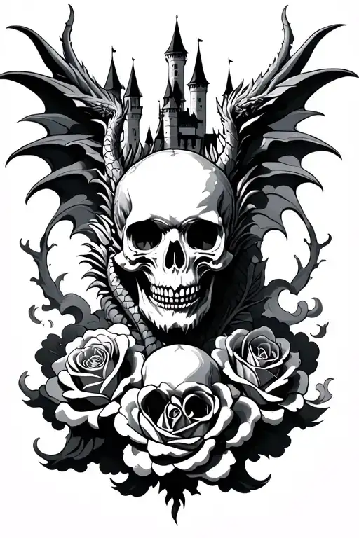 Skull Roses Dragon Castle Clouds