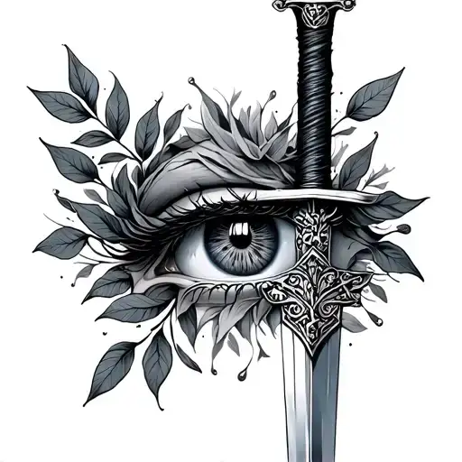 Sword Through Eye With Roman Leaves Around
