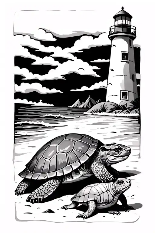 Beach Scene With Sea Turtle Iguana Pig And Lighthouse