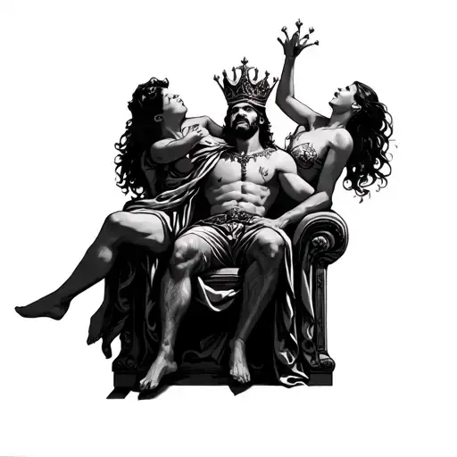 King Sitting On His Throne With A Crazy Girl On His Shoulders Trying To Take His Crown Of His Head