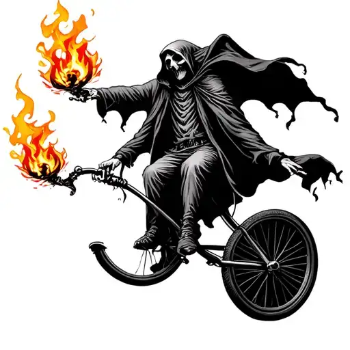 A Grim Reaper Riding A Unicycle While Juggling Flaming Souls