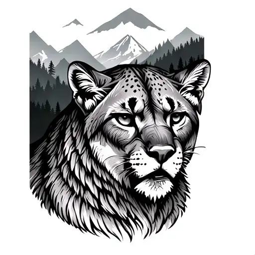 Mountain Lion With Forest And Mountain Back Drop
