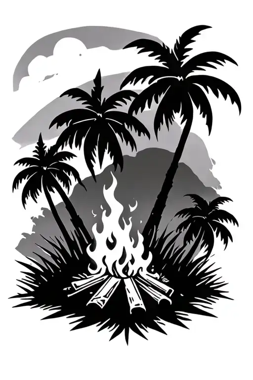 Campfire With Palm Trees In Background