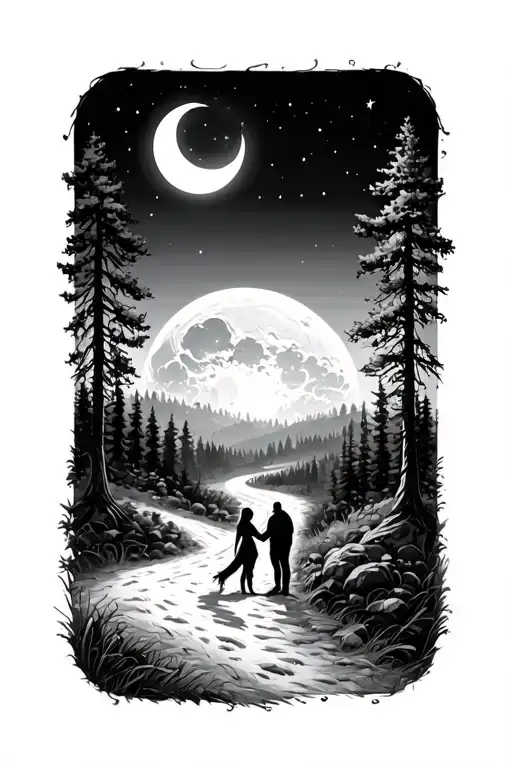 Forest With A Road With A Couple In Love On A Moon Night