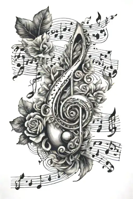 A Detailed Tattoo Of A Music Sheet With Hidden Karma Symbols Within The Notes