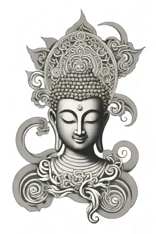 Design A Black And Grey Tattoo Of A Serene Buddha Surrounded By Swirling Karma Symbols