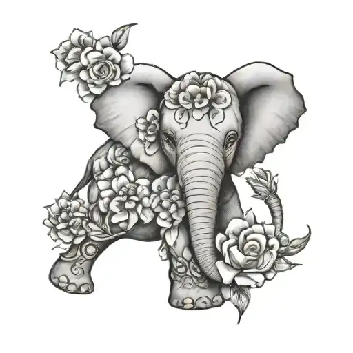Baby Elephant Tattoo Surrounded By Flowers Growing