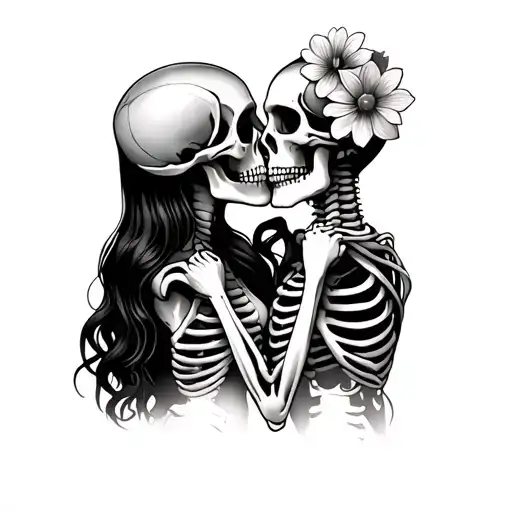 Two Skeletons Kissing Intimately Flowers On Female Skelton