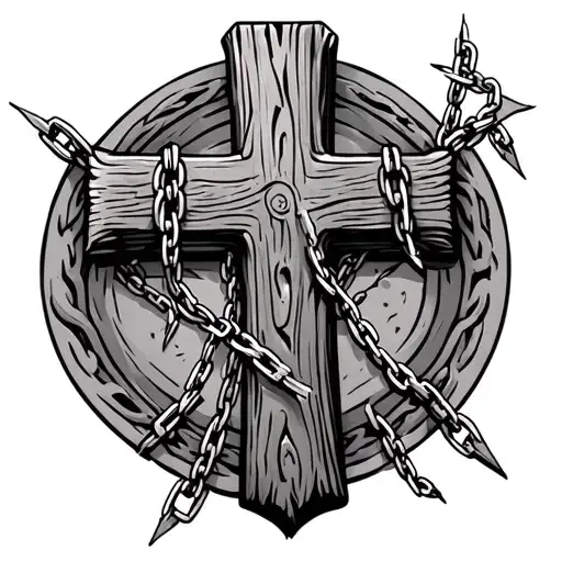 Relistic Wooden Cross With Broken Chains Neck Tattoo Design