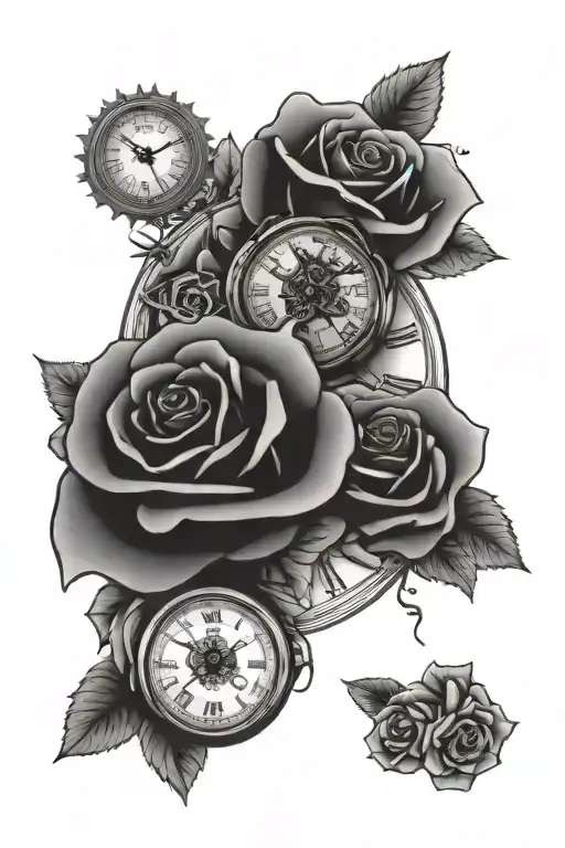 Skulls Roses Cards And Broken Clock Surrounded