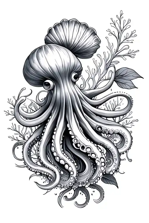 Floral Octopus And Fish Spiral Shell Ocean Tattoo Hibiscus Jellyfish Coral Sketch Black And White