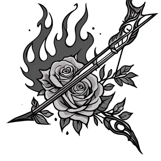 Bow And Arrow With Fire And Roses