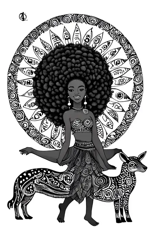 Afro Centric Women Dancing Under The Sun With Mandala Animals And Andinkra Symbols