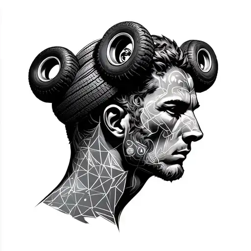 Male Operation With Geometry Figures Onstead Of His Head With Some Tires For Leo The Zodiac Sign