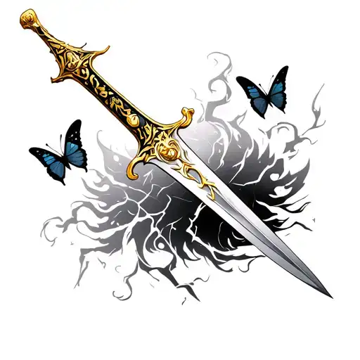 Golden Anime Sword With Lightning And Butterflies