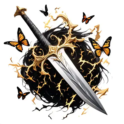 Golden Anime Sword With Lightning And Butterflies Alice Synthesis Thirty