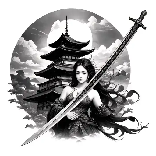 Beautiful Woman With Sword Over Japanese Pagoda Temple