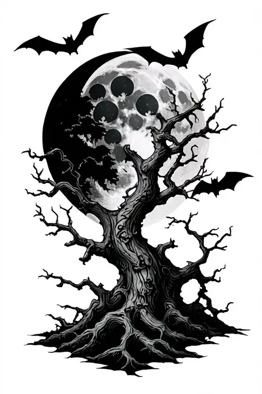 Poison Tree Branch With Bats Flying And A Moon In The Back