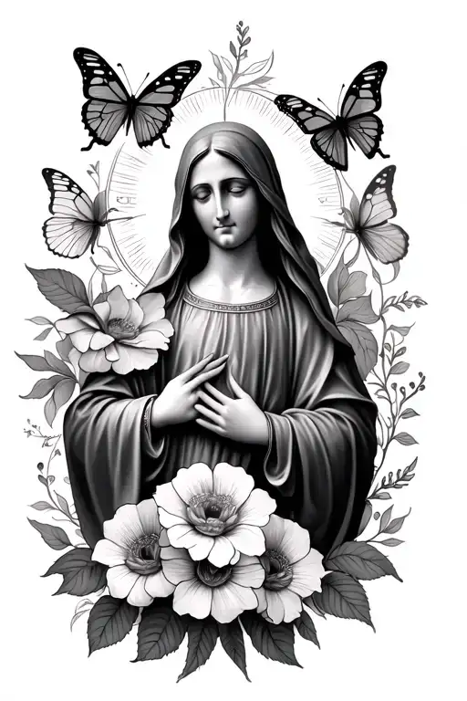 Virgin Mary With Flowers And Butterflies Sleeve