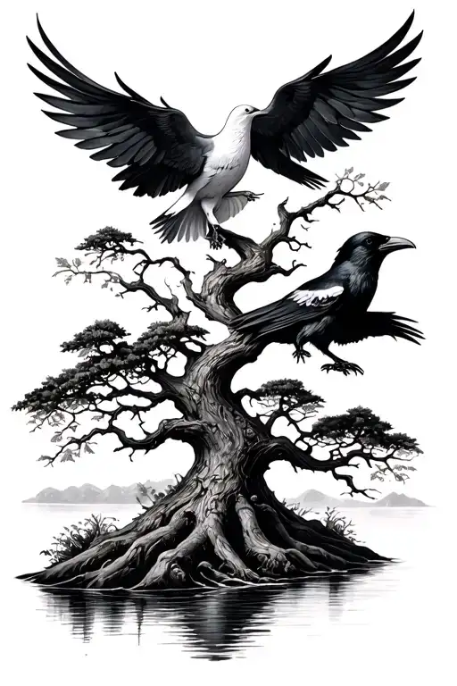 Realism Black And White Norse Tree Planted By Stream With Dove And Raven