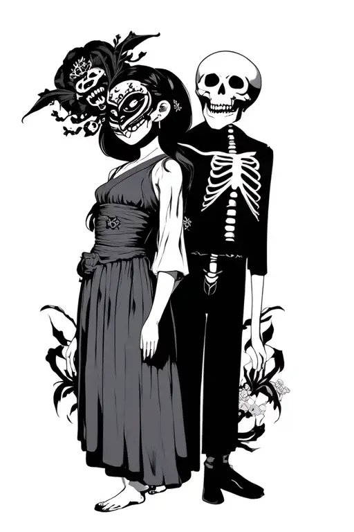 Japanese Style Tattoo Girl With Yokai Mask And A Skeleton Boyfriend