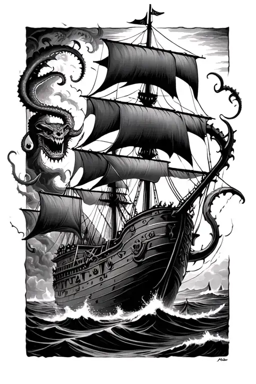 Pirate Ship Being Attacked By A Kraken Emerging From The Depths