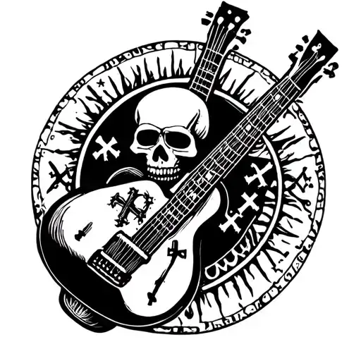 Guitar With Body As Skull And Having Three Crosses All Inside A Circular Emblem