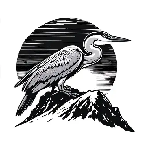 A Majestic Heron Perched On A Mountain Peak With The Sun Setting Behind It