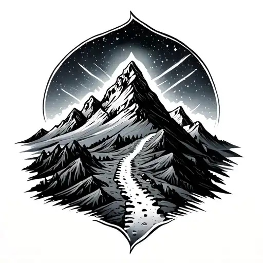 A Mountain Range With A Trail Of Footprints Leading Up To A Star-filled Sky