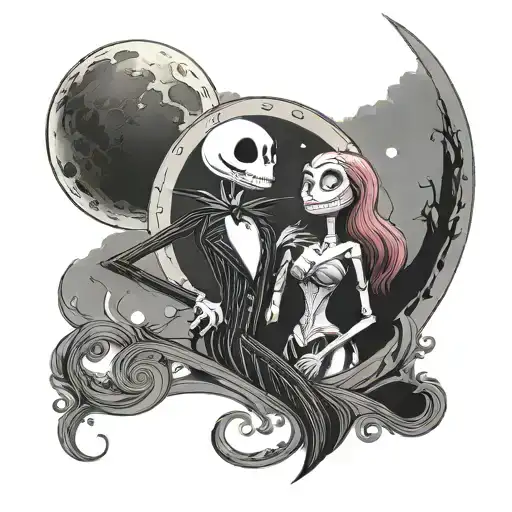 Jackskellington And Sally Standing Together With Moon In Background