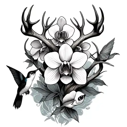 Orchid With Deer Antlers Intertwined With One Humming Bird And One Catfish