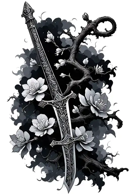 Sword And Charry Blossom Tree