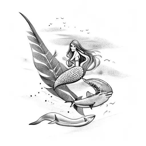 Mermaid With A Palmtree And A Shark