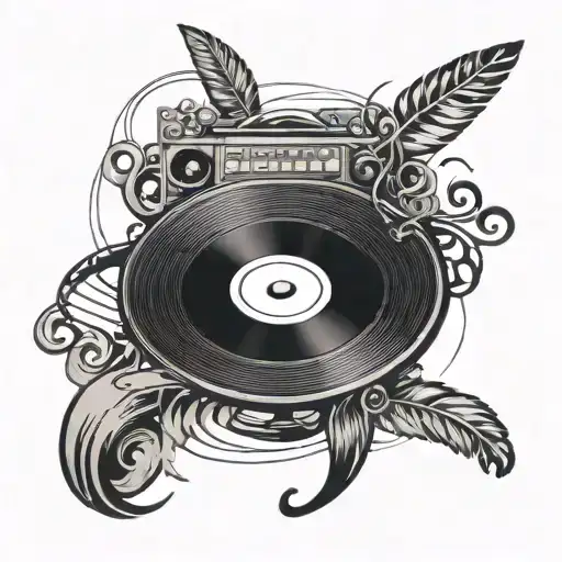 A Detailed Blackwork Tattoo Of An Old Vinyl Record With Music Notes Swirling Around It