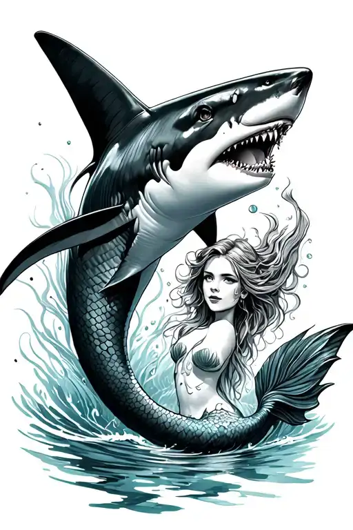 Ocean Sharks And Mermaid Swimming