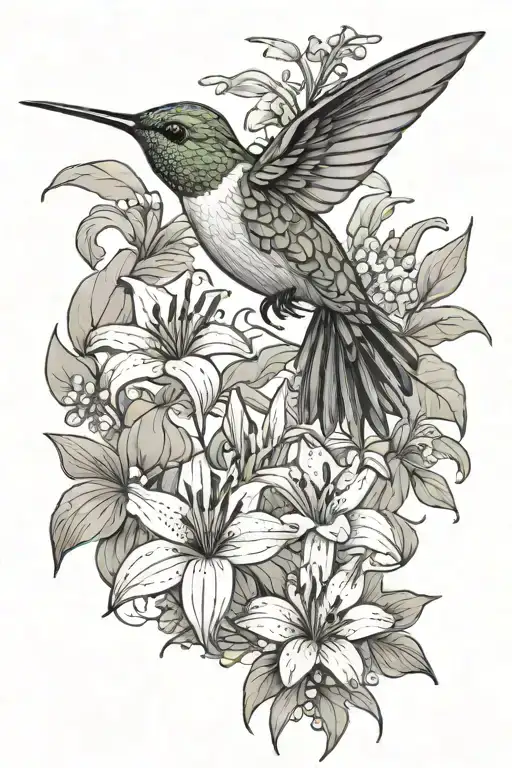 Hummingbird With Lily Flowers And Vines
