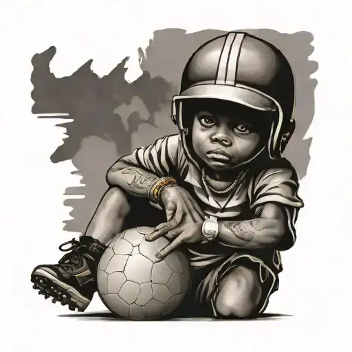 Create A Tattoo Of A Child Holding A Football And Wearing Stylish Gold Jewellery
