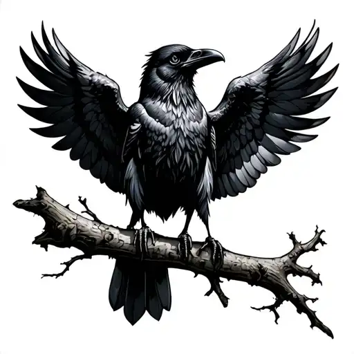 Raven With Sipped Wings On A Branch